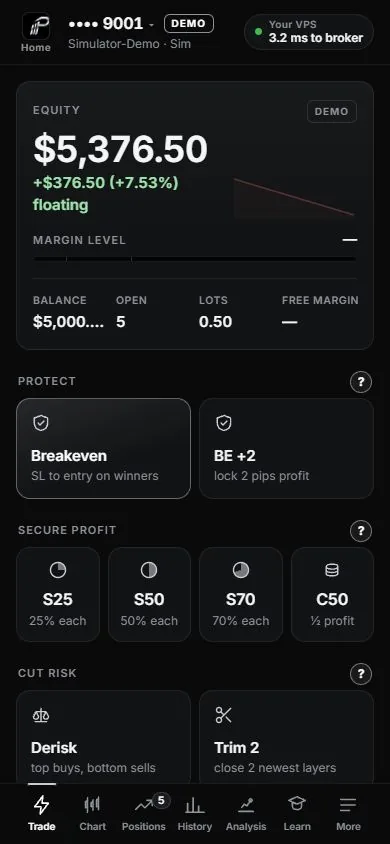 Pipsly's Trade screen with demo positions